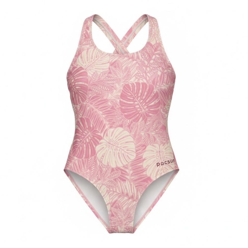 Kids PacSun Pink and Cream Palm One Piece Swimsuit